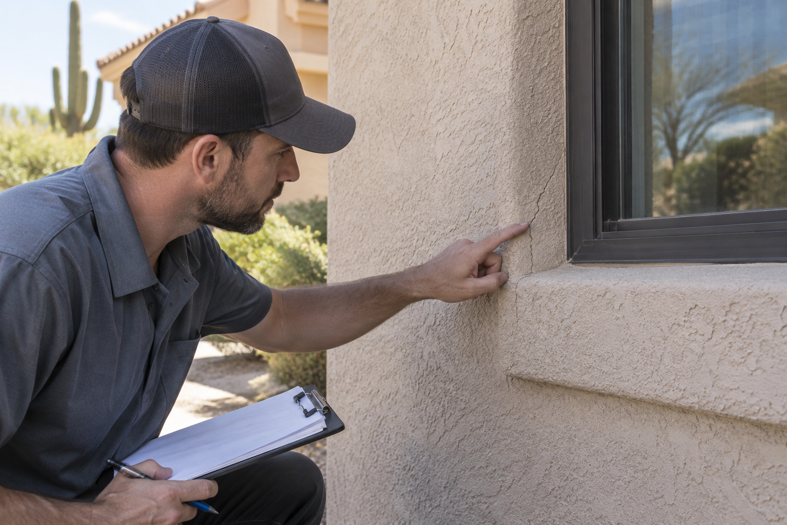 Contractor inspecting a hairline crack in tan stucco near a window corner on a Scottsdale home