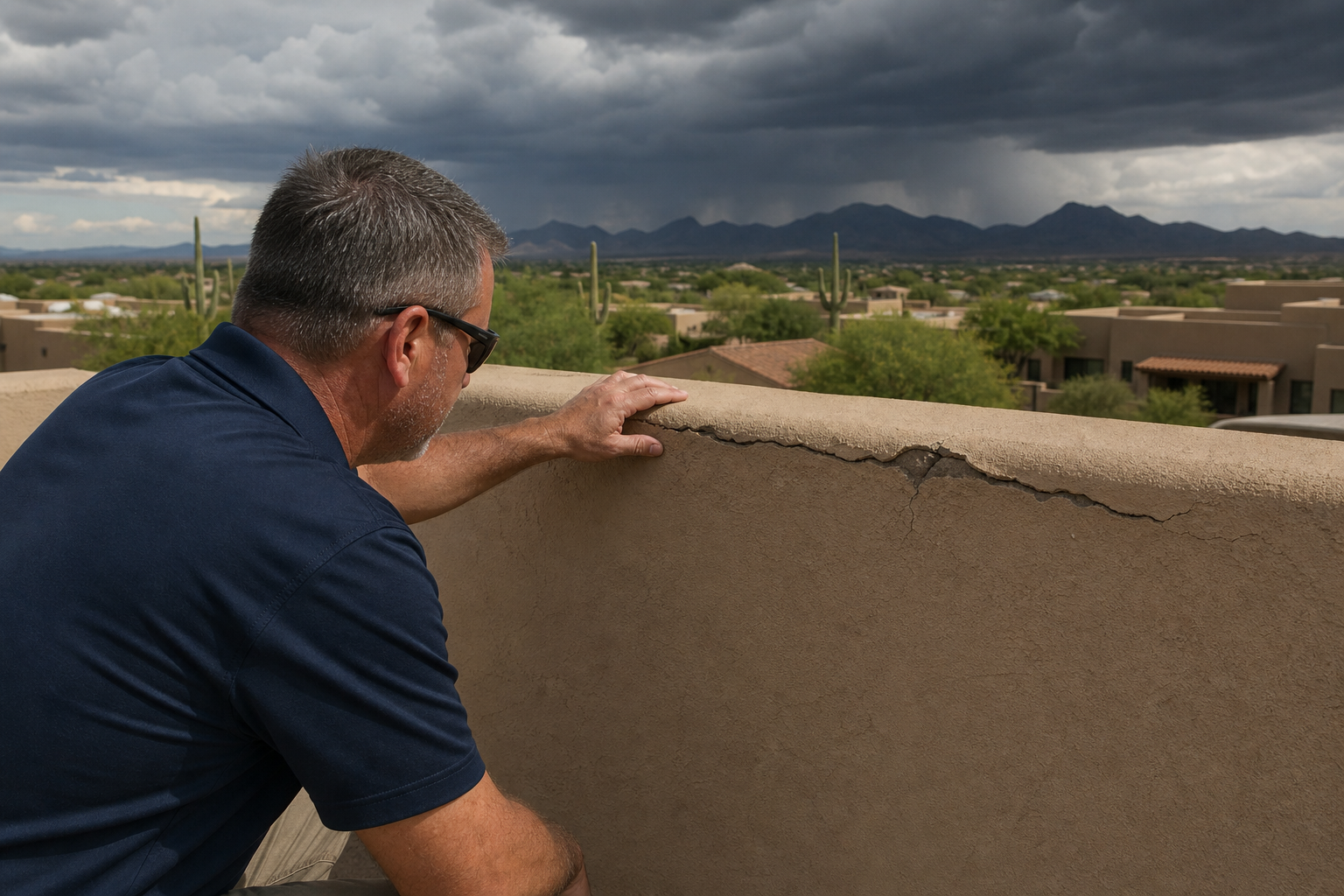Contractor inspecting a crack along the top edge of a stucco parapet wall on a flat-roof Scottsdale home with monsoon clouds behind