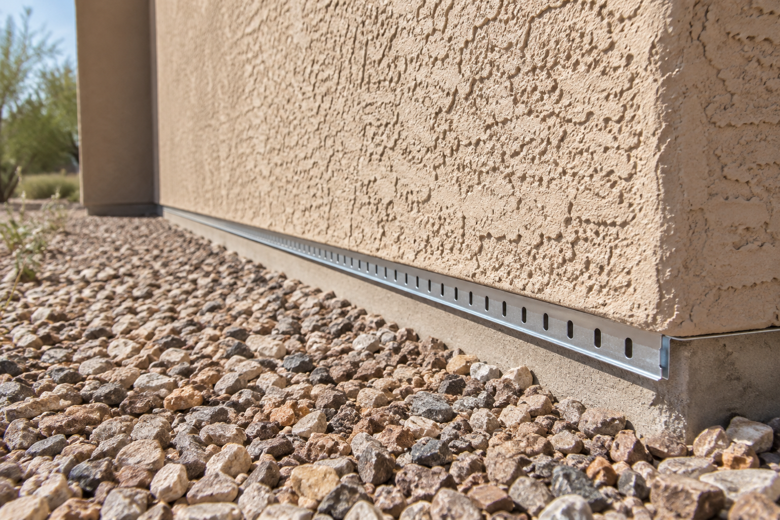 Base of tan stucco wall showing metal weep screed strip with proper clearance above gravel in Scottsdale
