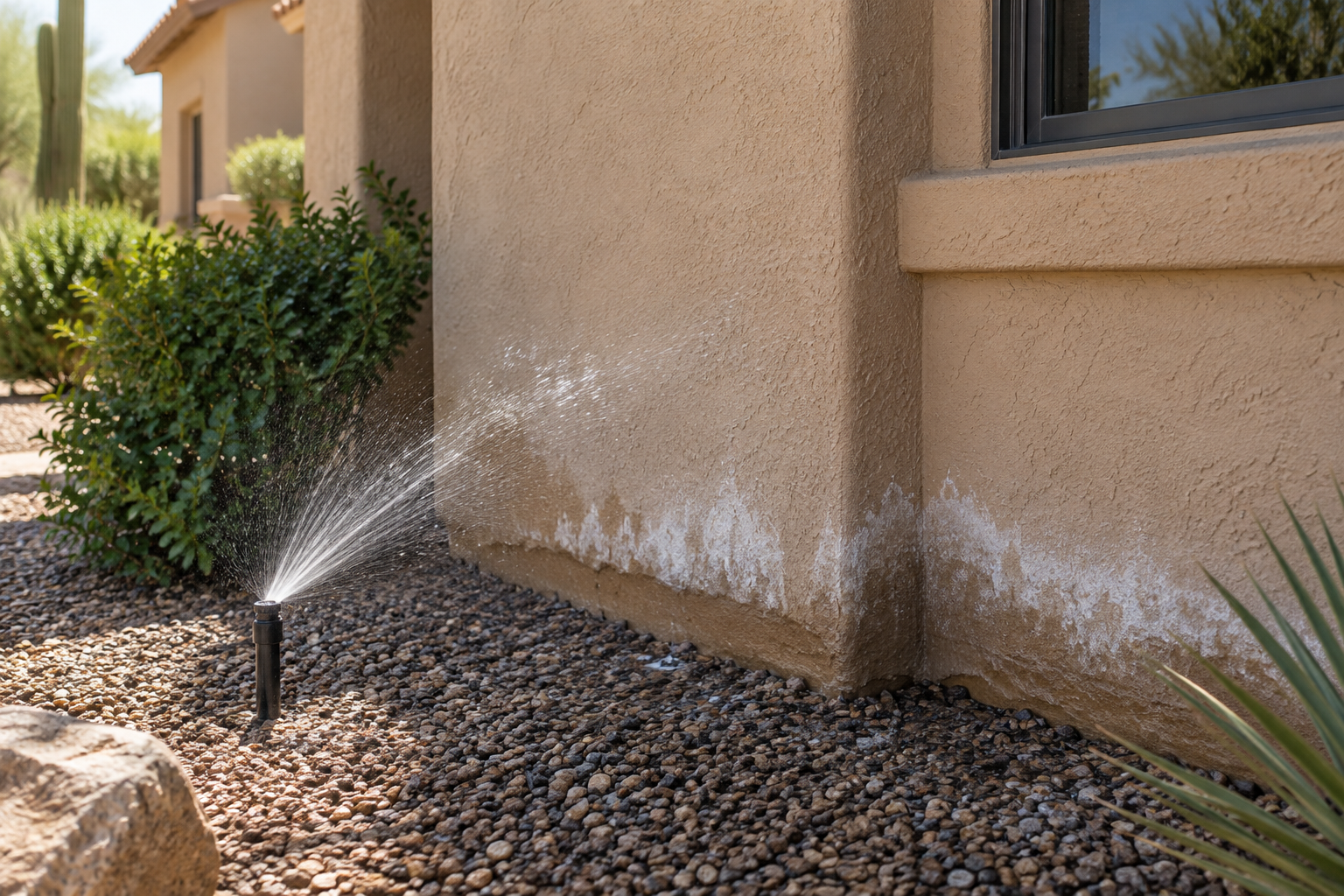 Sprinkler spraying water onto a tan stucco wall leaving white mineral stains at the base of a Scottsdale home
