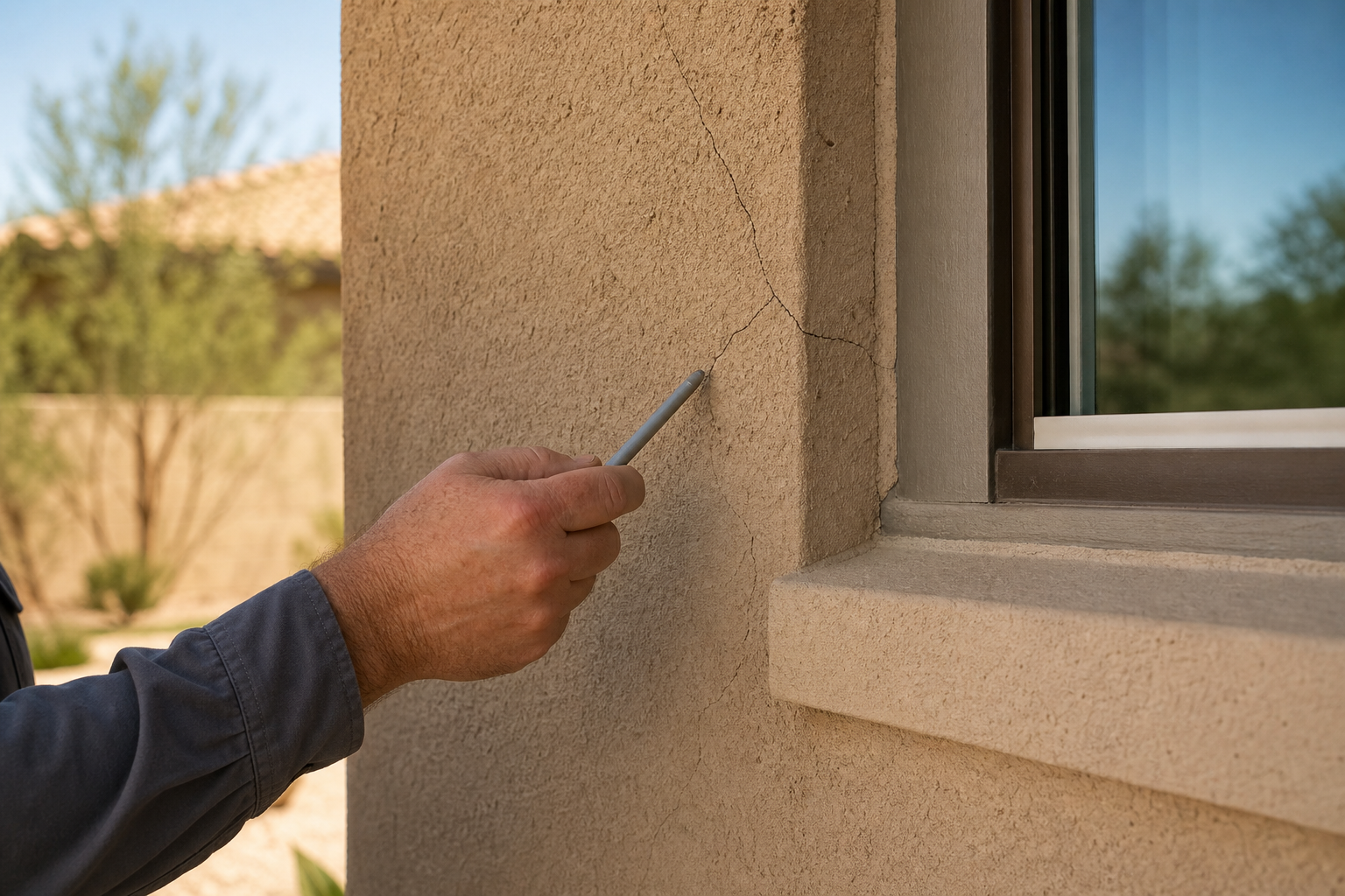 Contractor inspecting a hairline crack in tan stucco near a window corner on a Scottsdale home