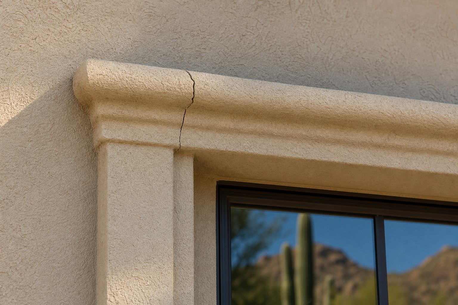 Close-up of a cracked decorative stucco window surround on a Scottsdale home