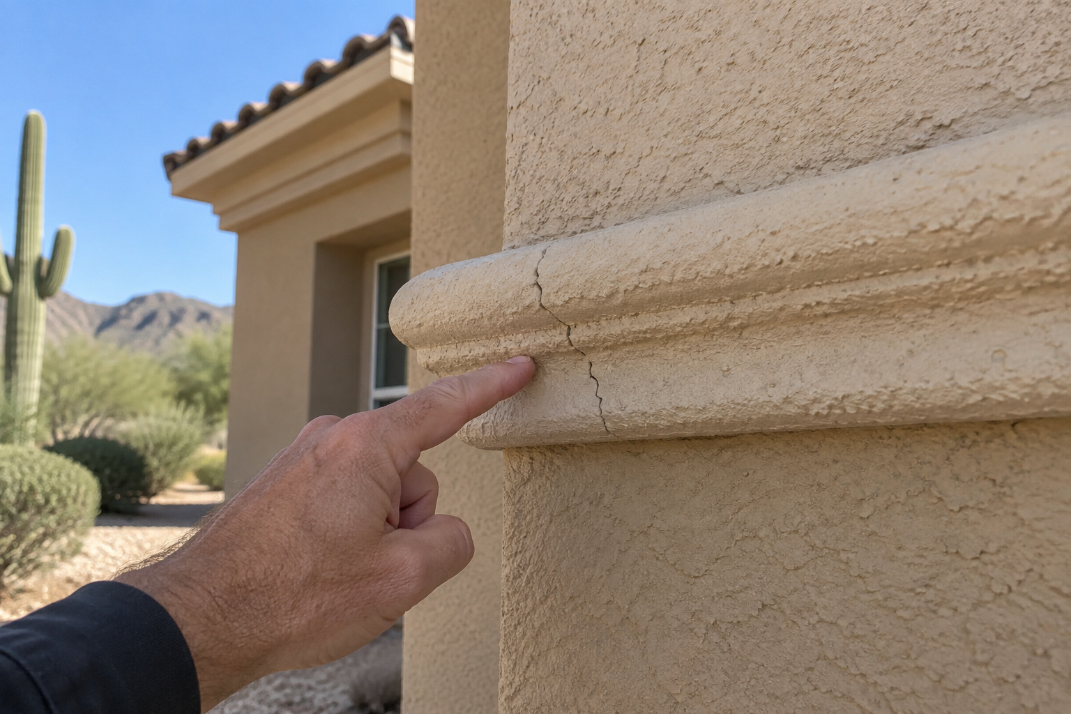 Contractor pointing at a cracked decorative foam stucco trim accent on a Scottsdale home