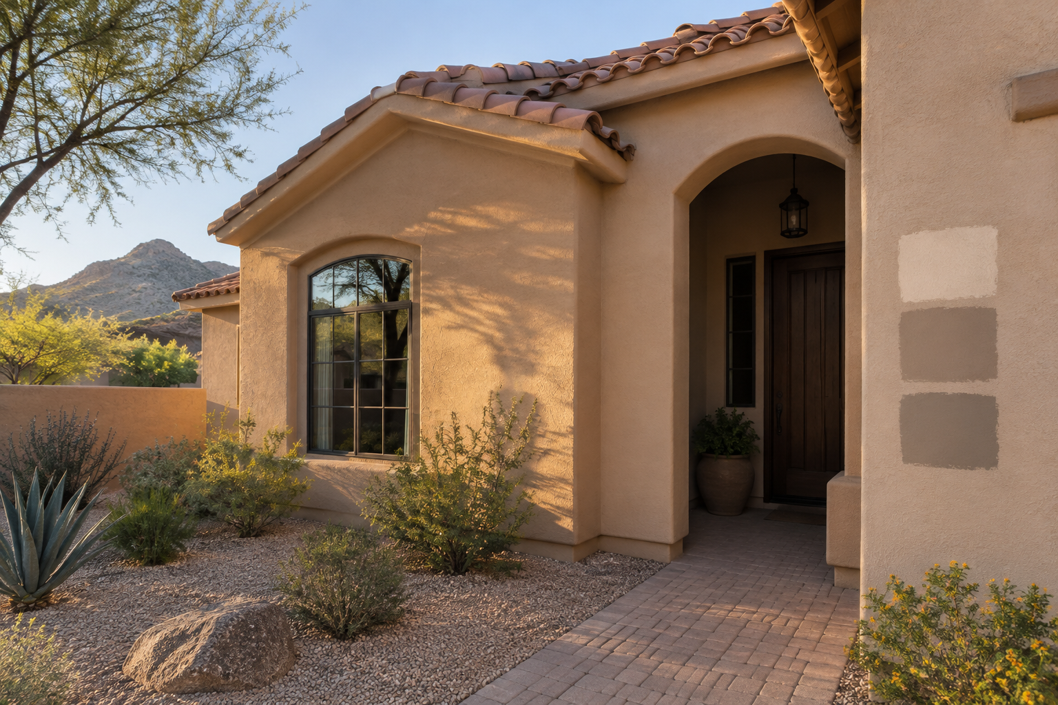 Warm tan stucco home exterior with tile roof in Scottsdale morning light, color swatch test patches on wall